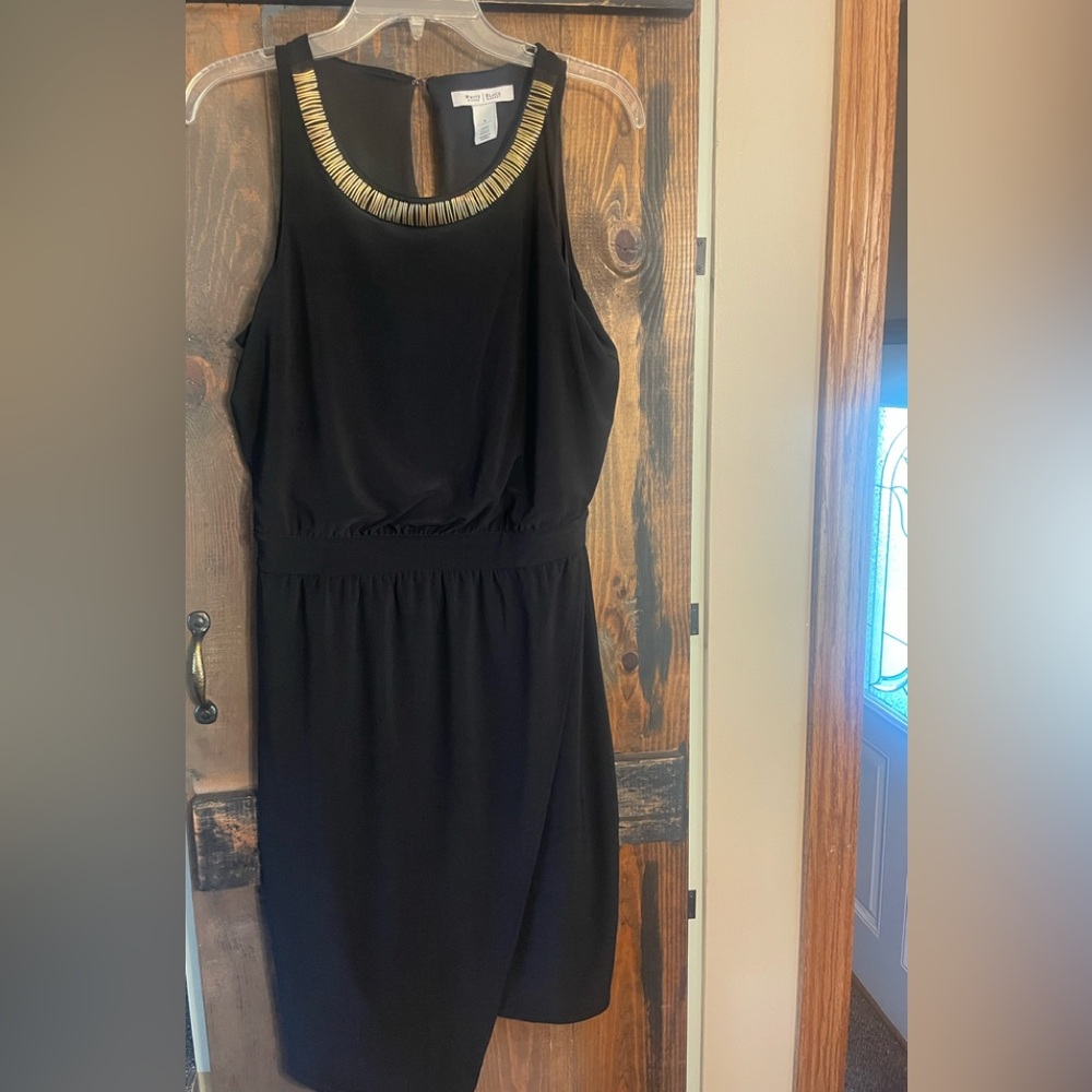 White House Black Market Asymmetrical Black and Gold Dress size small